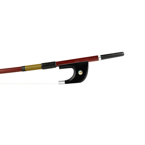 Forte Brazilwood Plus German style bass bow fully-mounted Ebony frog front view, featuring octagonal stick, Nickel Silver winding, Parisian eye, Abalone slide and white horsehair