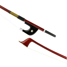  Forte Brazilwood Plus German style bass bow tip and fully-mounted Ebony frog front view, featuring octagonal stick, Nickel Silver winding, Parisian eye, Abalone slide and white horsehair