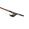Forte Brazilwood Plus German style bass bow fully-mounted Ebony frog side view, featuring octagonal stick, Nickel Silver winding, Parisian eye and Abalone slide