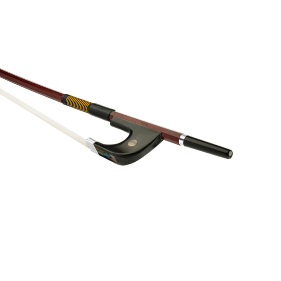Forte Brazilwood Plus German style bass bow fully-mounted Ebony frog side view, featuring octagonal stick, Nickel Silver winding, Parisian eye and Abalone slide