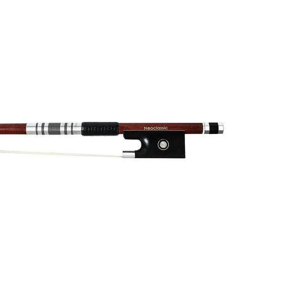 NeoTek Classic Carbon Fiber violin bow fully-mounted Ebony frog front view, featuring Brazilwood veneer stick with carbon fiber core, Nickel Silver winding, Parisian eye, Abalone slide and white horsehair