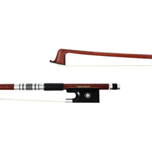  NeoTek Classic Carbon Fiber violin bow tip and fully-mounted Ebony frog front view, featuring Brazilwood veneer stick with carbon fiber core, Nickel Silver winding, Parisian eye, Abalone slide and white horsehair