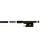 NeoTek Pro Carbon Fiber violin bow fully-mounted Ebony frog front view, featuring weaving pattern stick, Nickel Silver winding, Parisian eye and Abalone slide