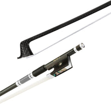  NeoTek Pro Carbon Fiber violin bow tip and fully-mounted Ebony frog side view, featuring weaving pattern stick, Nickel Silver winding, Parisian eye, Abalone slide and white horsehair