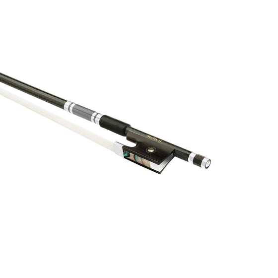 NeoTek Pro Carbon Fiber violin bow fully-mounted Ebony frog side view, featuring weaving pattern stick, Nickel Silver winding, Parisian eye, Abalone slide and white horsehair
