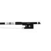 NeoTek Plus Carbon Fiber violin bow fully-mounted Ebony frog front view, featuring black matte finish stick, Nickel Silver winding, Parisian eye, Abalone slide and white horsehair