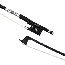  NeoTek Plus Carbon Fiber violin bow tip and fully-mounted Ebony frog front view, featuring black matte finish stick, Nickel Silver winding, Parisian eye, Abalone slide and white horsehair