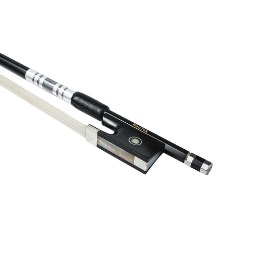 NeoTek Plus Carbon Fiber violin bow fully-mounted Ebony frog side view, featuring black matte finish stick, Nickel Silver winding, Parisian eye and Abalone slide