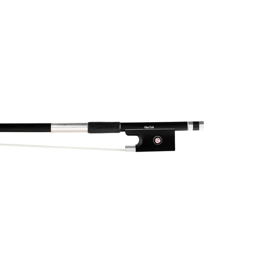 NeoTek Carbon Composite violin bow fully-mounted Ebony frog front view, featuring black matte finish stick, Nickel Silver winding, Parisian eye and Pearl slide