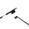 NeoTek Carbon Composite violin bow tip and fully-mounted Ebony frog front view, featuring black matte finish stick, Nickel Silver winding, Parisian eye, Pearl slide and white horsehair