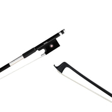  NeoTek Carbon Composite violin bow tip and fully-mounted Ebony frog front view, featuring black matte finish stick, Nickel Silver winding, Parisian eye, Pearl slide and white horsehair