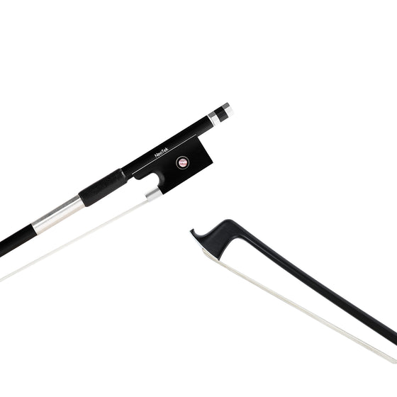 NeoTek Carbon Composite violin bow tip and fully-mounted Ebony frog front view, featuring black matte finish stick, Nickel Silver winding, Parisian eye, Pearl slide and white horsehair