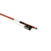 Forte Brazillwood violin bow Ebony frog side view, featuring Nickel Silver winding, Serbian eye, Pearl slide and white horsehair