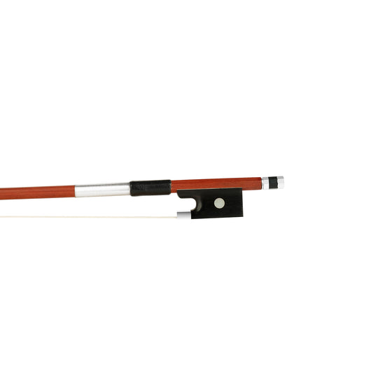 Forte Brazilwood violin bow Ebony frog front view, featuring Nickel Silver winding, Serbian eye and Pearl slide