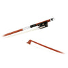 Forte Brazillwood violin bow tip and Ebony frog side view, featuring Nickel Silver winding, Serbian eye, Pearl slide and white horsehair