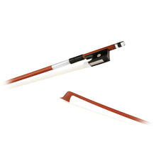  Forte Brazillwood violin bow tip and Ebony frog side view, featuring Nickel Silver winding, Serbian eye, Pearl slide and white horsehair