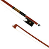 Forte Brazillwood Plus violin bass bow tip and fully-mounted Ebony frog front view, featuring octagonal stick, Nickel Silver winding, Parisian eye, Abalone slide and white horsehair