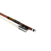 Forte Brazilwood Plus violin bass bow fully-mounted Ebony frog side view, featuring octagonal stick, Nickel Silver winding, Parisian eye and Abalone slide