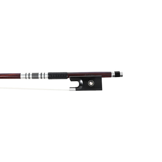 Forte Pro select Brazilwood violin bow fully-mounted Ebony frog front view, featuring round stick, Nickel Silver winding, Parisian eye and Abalone slide