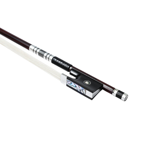 Forte Pro select Brazilwood violin bow fully-mounted Ebony frog side view, featuring round stick, Nickel Silver winding, Parisian eye, Abalone slide and white horsehair