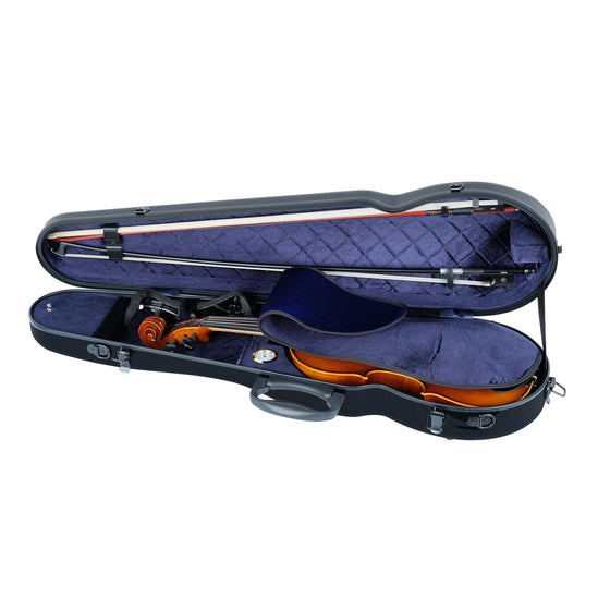 Cantana HiTech Contour violin case open view with a violin, two bows and a shoulder rest