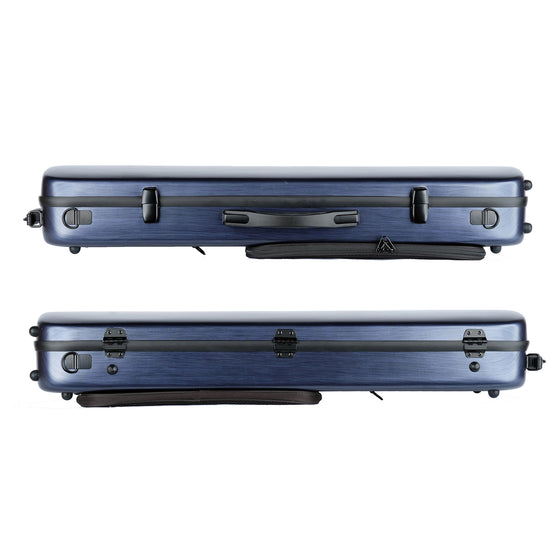 Cantana HiTech oblong violin case dark blue brushed finish side views with latches