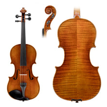  Lombardo "Virtuoso" Violin Top, Back & Scroll, featuring antique varnish, Solid Spruce with tight grains, Ebony fittings, Dominant strings, and Solid flamed Maple back